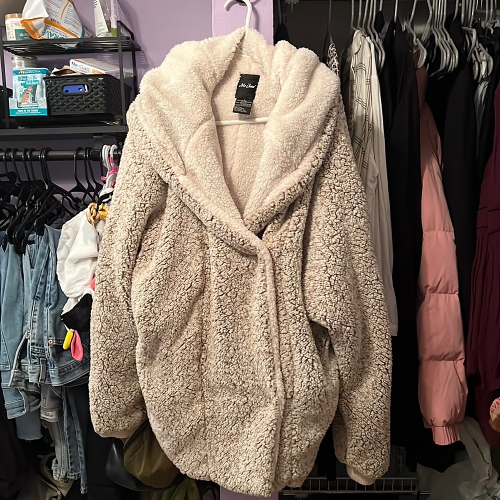 Beige Oversized Sherpa Jacket with Hood